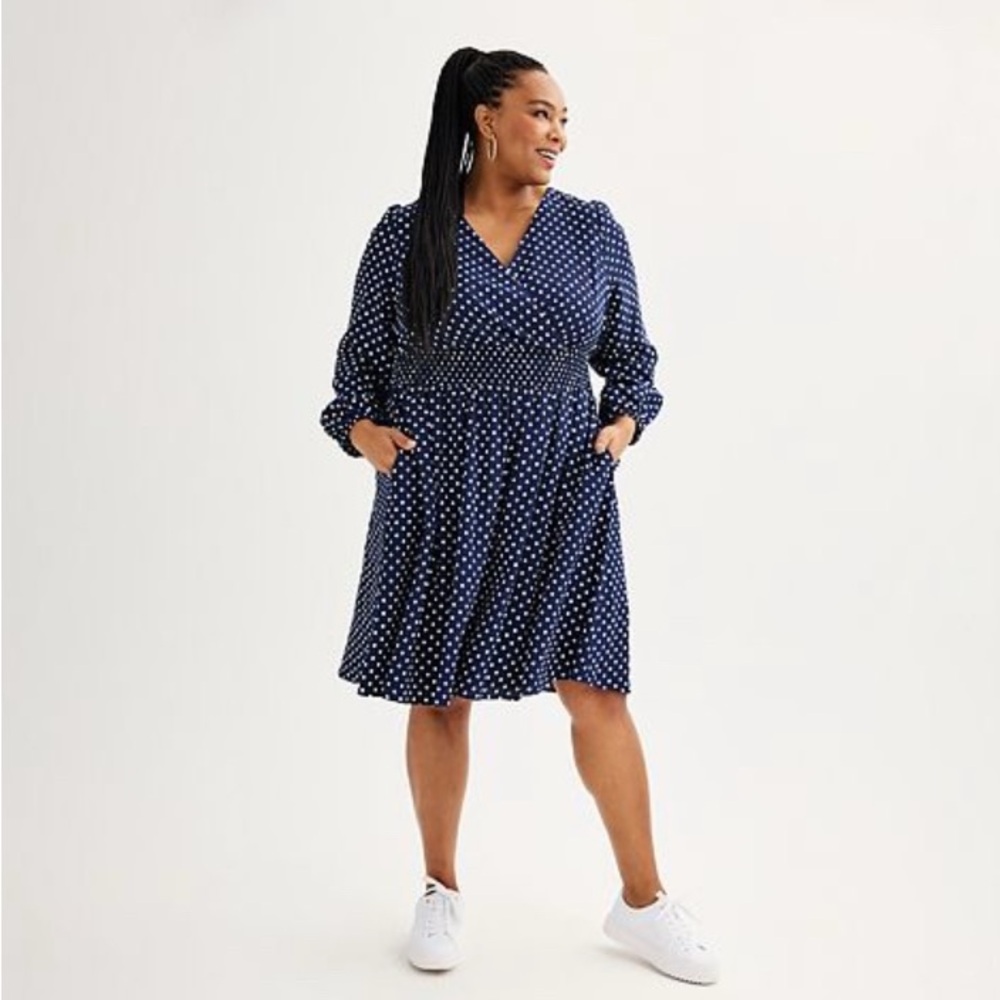 3X Dress: Polka Dots by Draper James— Navy and White, Long Sleeve Dress